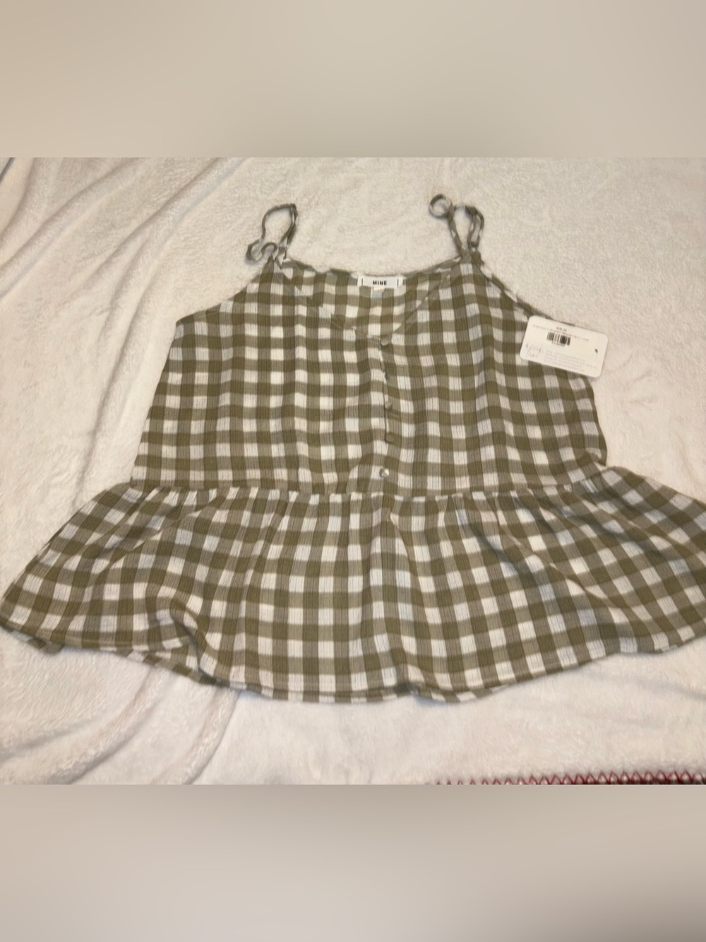 MINE Olive & White Gingham Tie-Shoulder Peplum Tank